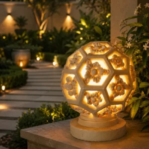 Sandstone Garden Light Ball with carved floral hexagon pattern