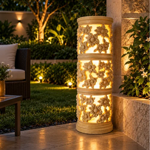 Sandstone Floral Cylinder Garden Light with glowing fiber floral panels