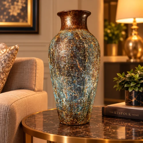 Decorative fiber glass vase with embossed floral design