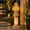 Sandstone Lantern Pillar Garden Light with glowing fiber lantern top