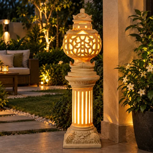 Sandstone Lantern Pillar Garden Light with glowing fiber lantern top