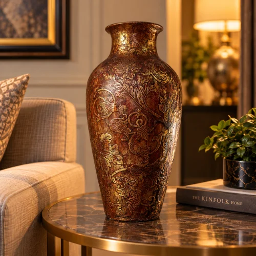 Decorative fiber glass vase with embossed floral design