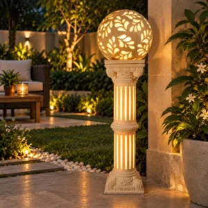 Sandstone Roman Pillar Garden Light with glowing fiber leaf-pattern globe