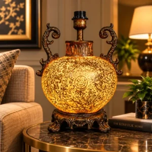 Ornate fiber glass table lamp with curved decorative handles