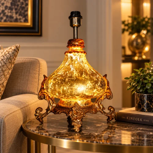 Ornate fiber glass hanging lamp with glowing decorative shade