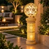 Sandstone Cylinder Pillar Garden Light with glowing fiber floral globe