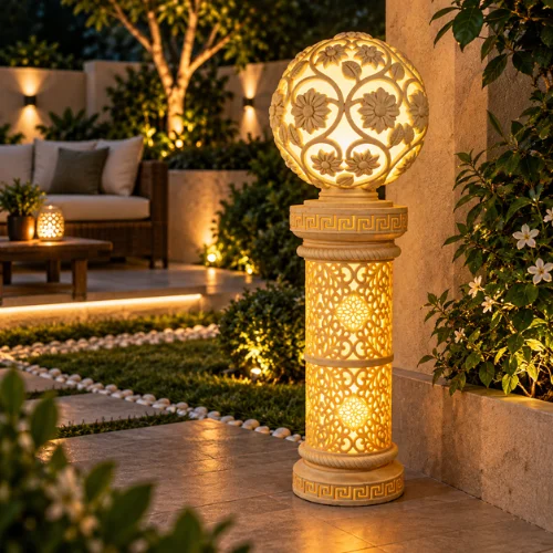 Sandstone Cylinder Pillar Garden Light with glowing fiber floral globe