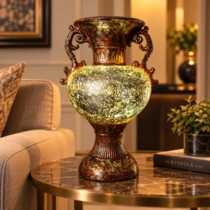 Antique fiber glass vase lamp with ornate handles