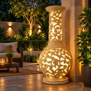 Sandstone flared vase garden light with intricate vine and floral carving and warm glowing illumination