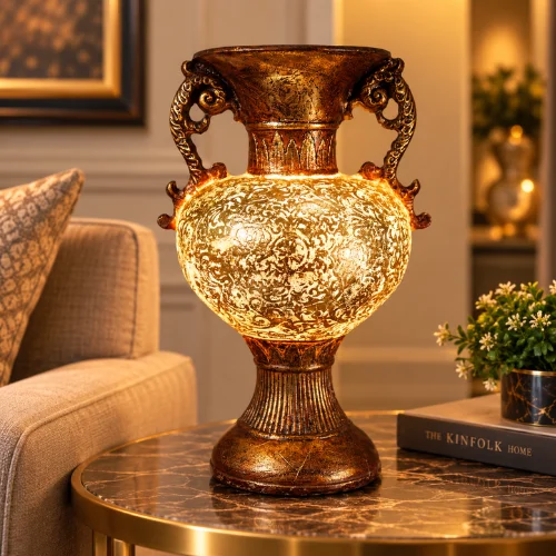 Antique fiber glass vase lamp with ornate handles