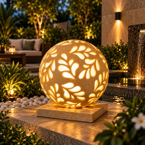 Handcrafted sandstone garden light ball with carved floral pattern glowing warmly on a stone base outdoors