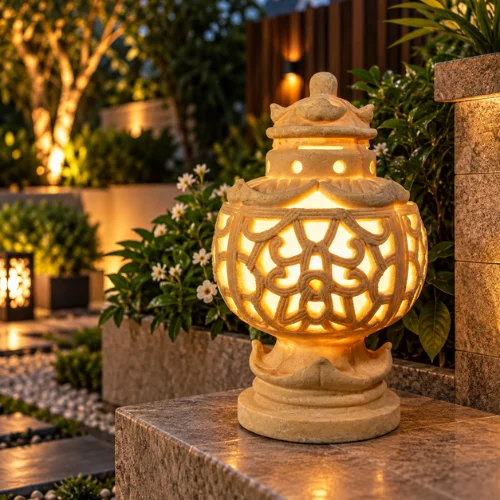 Sandstone garden light ball glowing warm light through carved floral pattern outdoors