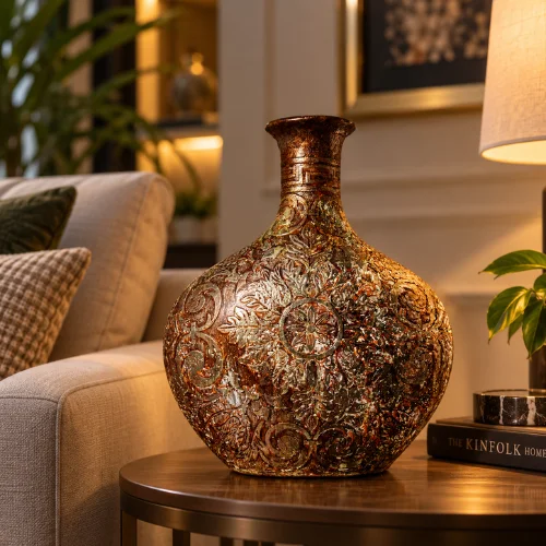 Fiber Textured Lamp Pot with antique glowing finish