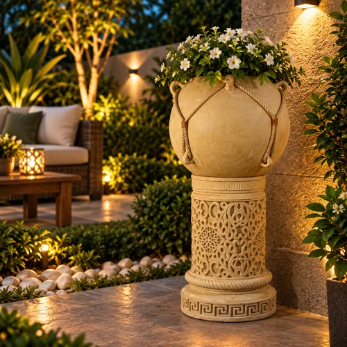 Sandstone glowing pedestal light with fiber glass center