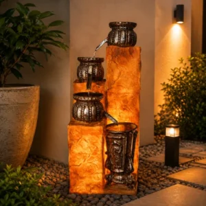 Handmade fiber glass water fountain with LED light, multi-tier antique bronze design