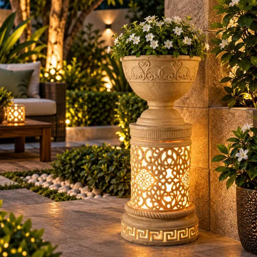 Sandstone Planter Light Stand with carved bowl and glowing lattice base