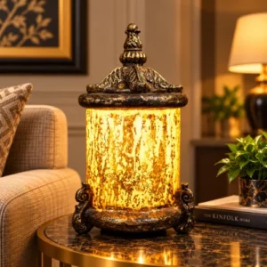 Ornate fiber glass lantern lamp with glowing cylindrical shade