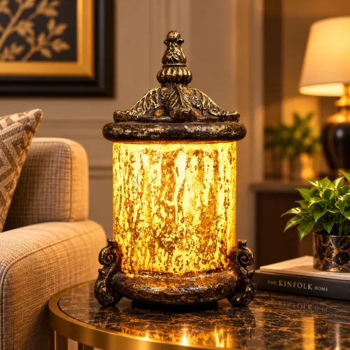 Ornate fiber glass lantern lamp with glowing cylindrical shade