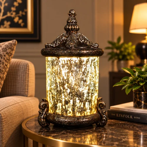Ornate fiber glass lantern lamp with glowing cylindrical shade
