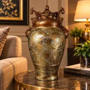 Antique fiber glass decorative vase with ornate handles