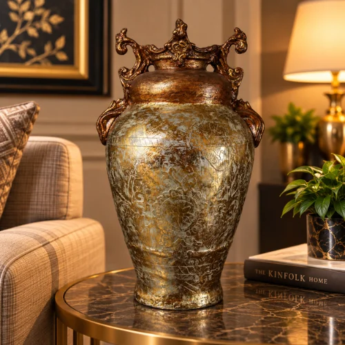 Antique fiber glass decorative vase with ornate handles
