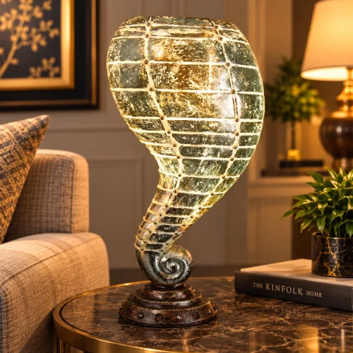 Golden Spiral Fiber Lamp with sculptural curved glowing shape