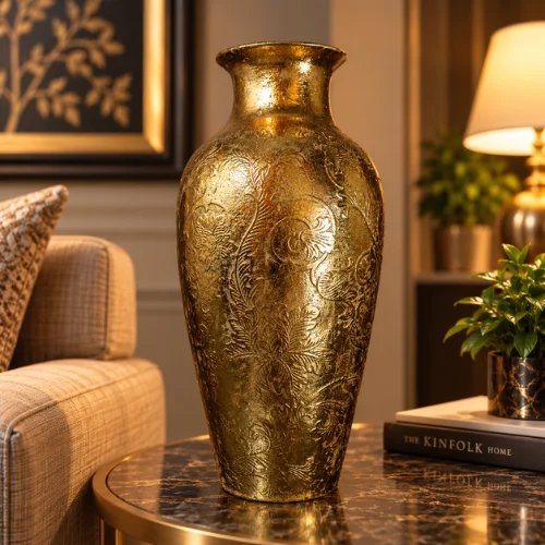 Decorative fiber glass vase with embossed floral design