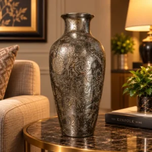 Decorative fiber glass vase with embossed floral design