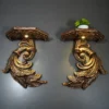 Fiber rope bracket with light - ornate gold leaf carved wall shelf pair