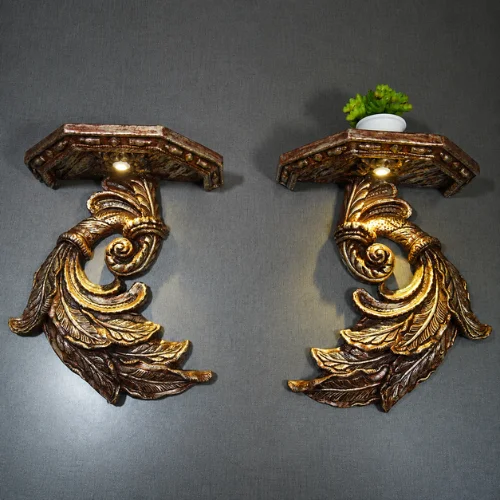Fiber rope bracket with light - ornate gold leaf carved wall shelf pair