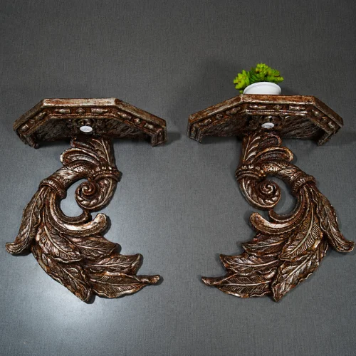 Fiber rope bracket with light - ornate gold leaf carved wall shelf pair