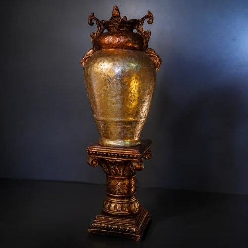 Golden Orb Pedestal Lamp with glowing sphere and antique gold base