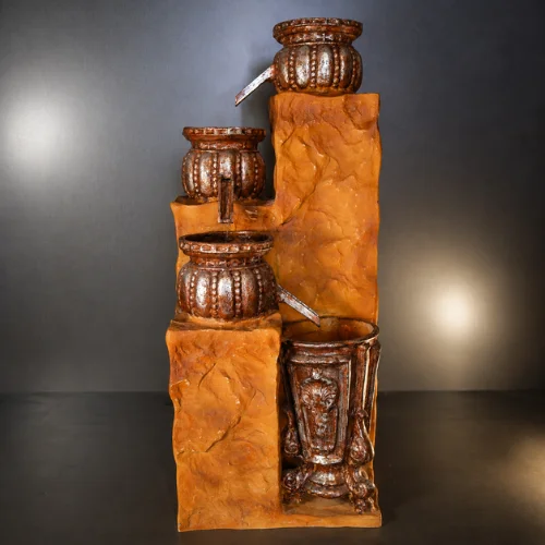 Handmade fiber glass water fountain with LED light, multi-tier antique bronze design