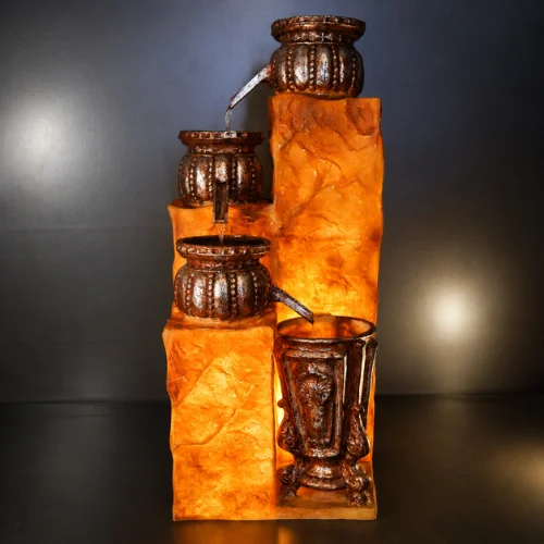 Handmade fiber glass water fountain with LED light, multi-tier antique bronze design