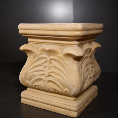 Sandstone carved leaf pedestal with scalloped urn top and stepped square base