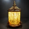 Ornate fiber glass lantern lamp with glowing cylindrical shade