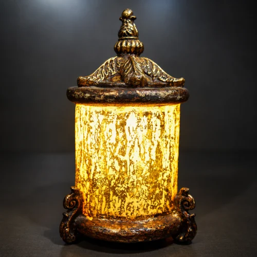 Ornate fiber glass lantern lamp with glowing cylindrical shade