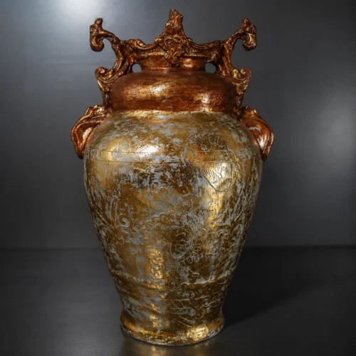 Antique fiber glass decorative vase with ornate handles