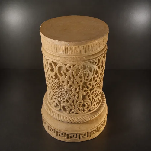 Faux sandstone pedestal lantern base with carved floral medallion design