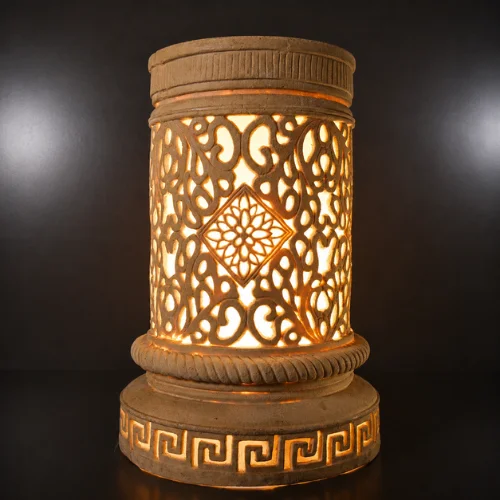 Faux sandstone pedestal lantern base with carved floral medallion design