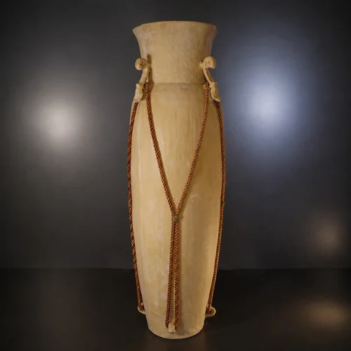 Tall handcrafted sandstone floor vase with twisted rope and scroll handles
