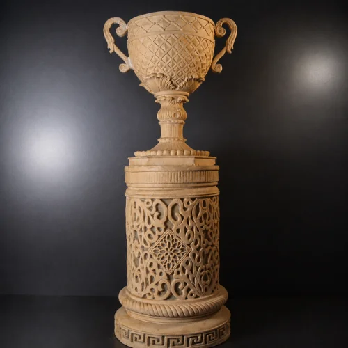 Sandstone pedestal lamp with glowing fiber glass center