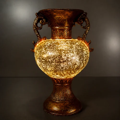 Antique fiber glass vase lamp with ornate handles