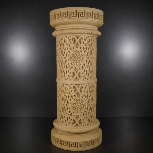 Faux sandstone double lantern pedestal with warm glowing light and intricate decorative pattern