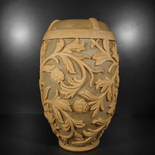 Illuminated sandstone planter and pot with floral carved design and fiberglass light section