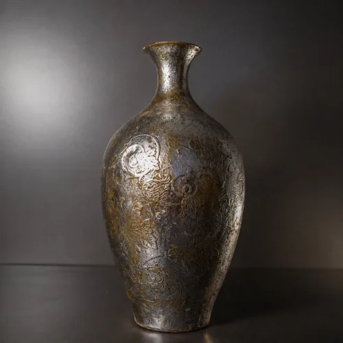 Ornate fiber glass table lamp with textured vase design